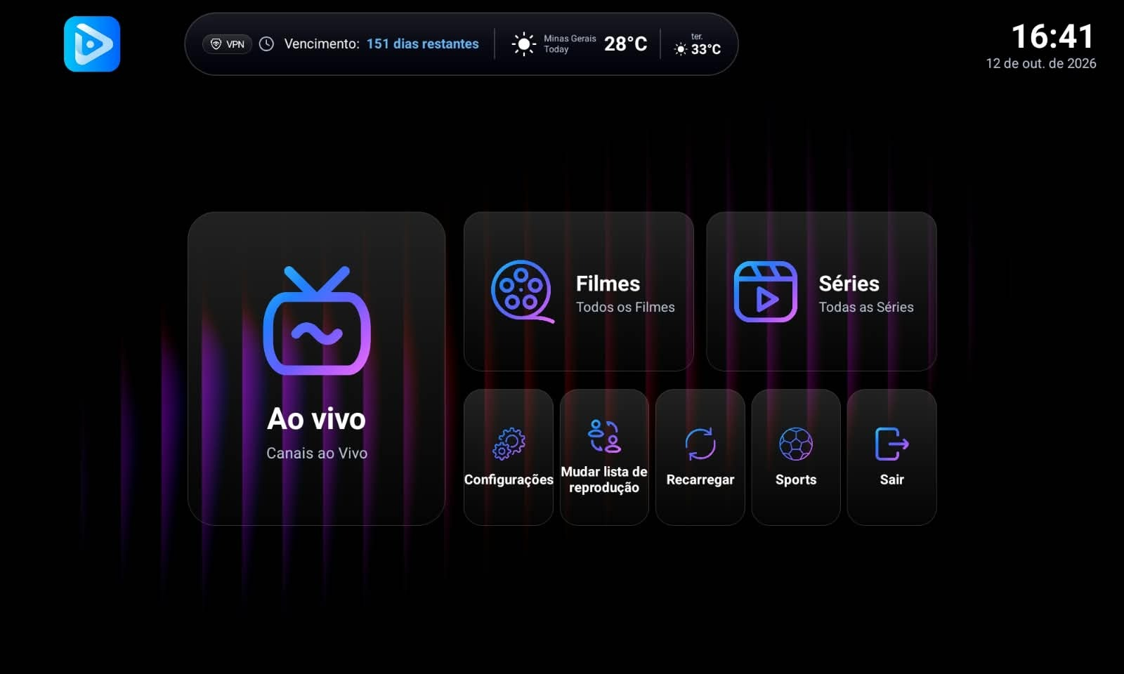 Tela do MGPS ULTRA com categorias Ao vivo, Filmes e Séries, controles de listas e configurações, além de atalhos de VPN, clima e esportes.